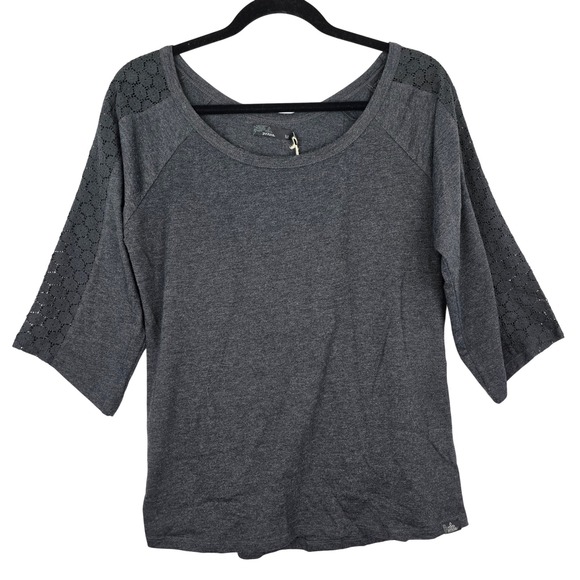 Prana Womens Top Size M Gray Heather Crochet 3/4 Sleeve Fair Trade Organic - Picture 1 of 10